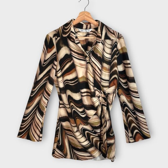 Zara Tunic Top MEDIUM Brown Black Swirled Stripes Ruched Waist - Picture 5 of 10